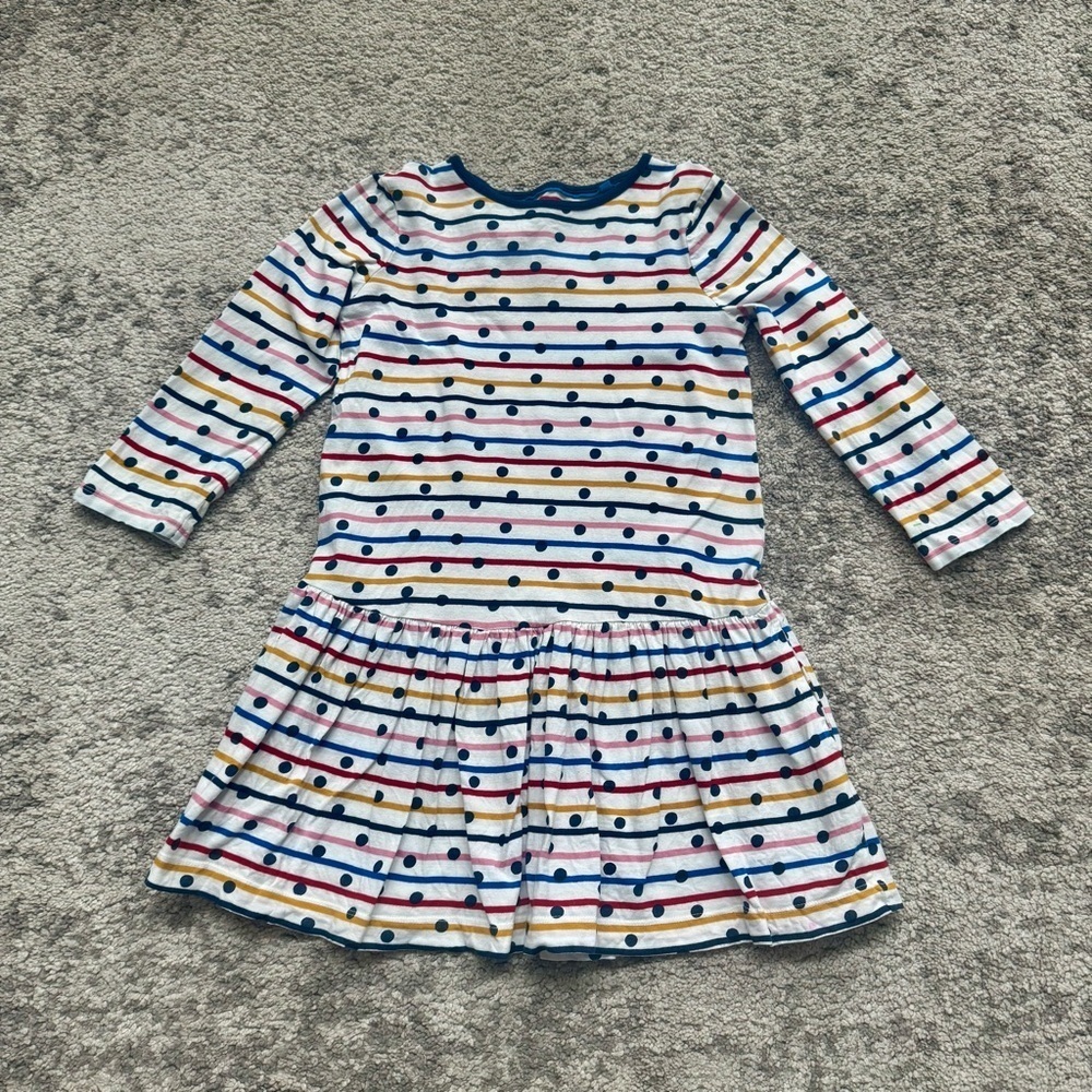 Mini Boden Girls Striped Polka Dot Long Sleeve Dress | Size 9–10Y